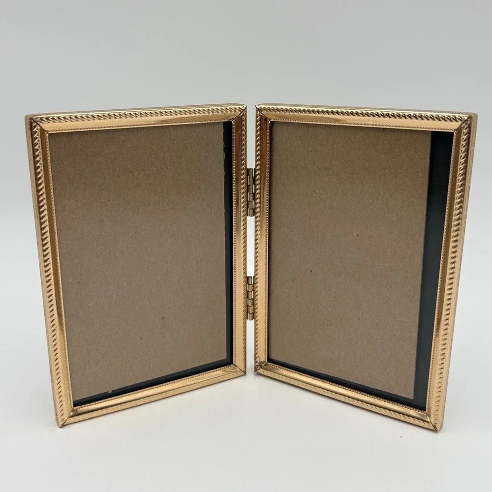Vintage MCM Ornate Gold Tone Metal Frame Floral Bifold Picture Frame 5 x 3.5